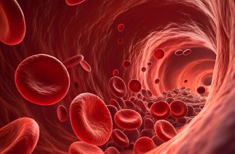 Close-up view of red blood cells flowing through a blood vessel, with swirling plasma and vessel walls in red tones.