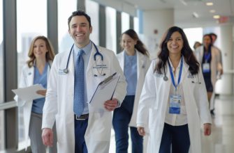 Smiling doctors in white coats walk down a hospital corridor toward the camera, carrying clipboards and wearing stethoscopes.