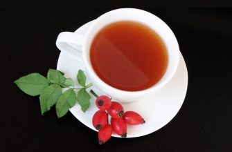 Top-down view of a white teacup with reddish tea on a matching saucer, accompanied by rose hip berries and green leaves on a black background.